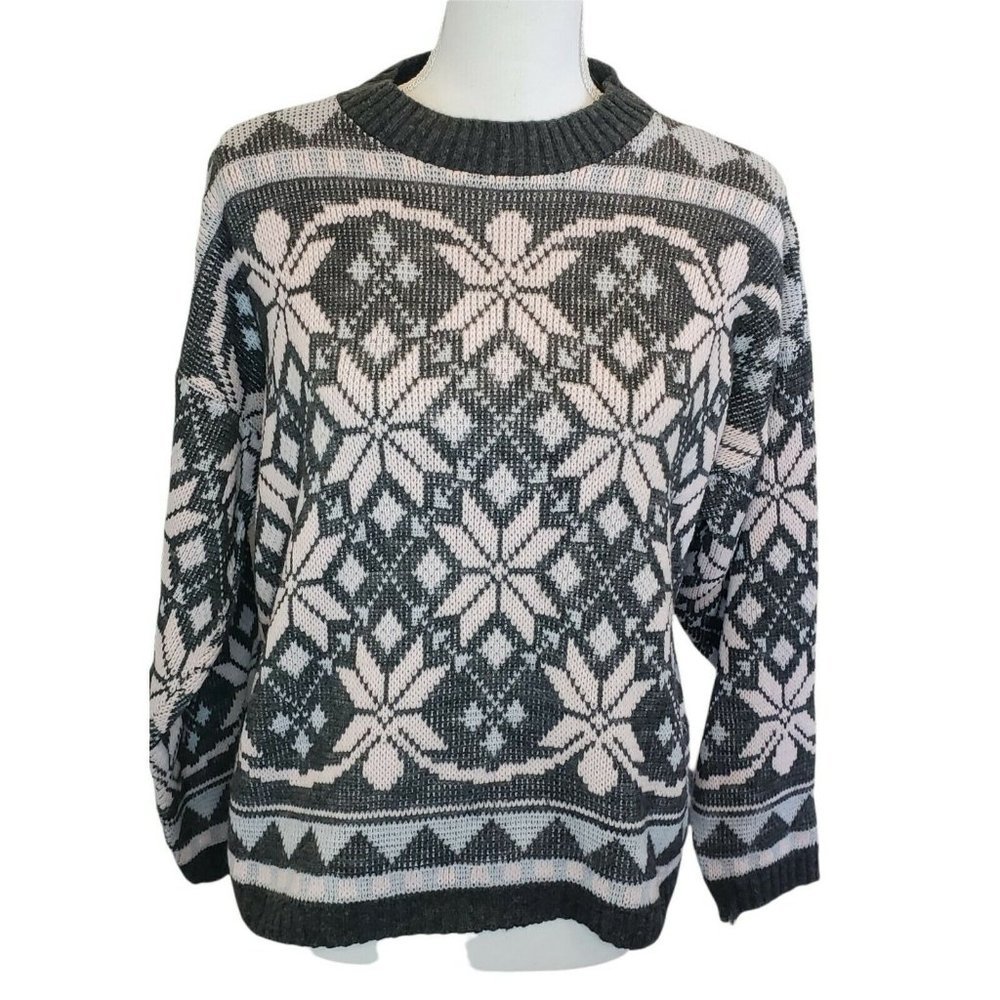 Vintage 80s Rose Snowflake All Over Print Holiday Sweater Gray Fairy Kei Sz Sm